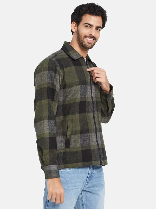 Mettle Men Olive Green Checked Casual Shirt