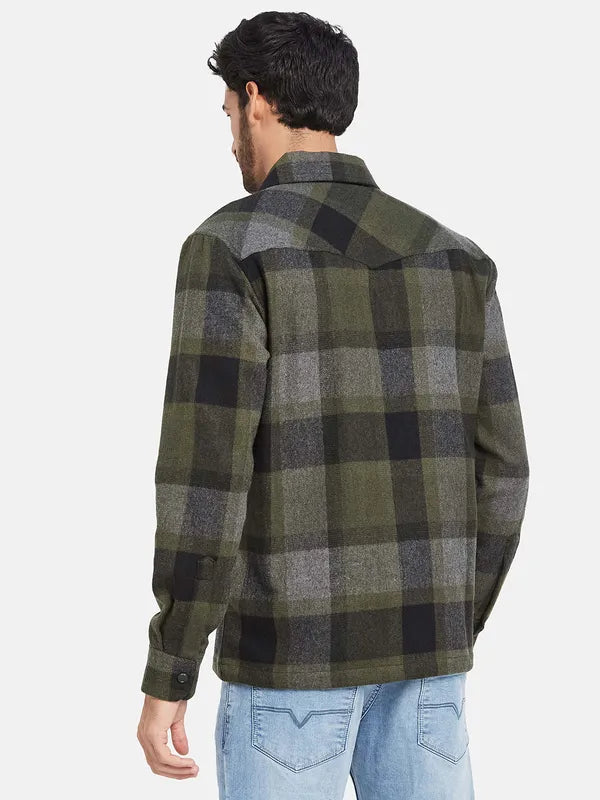 Mettle Men Olive Green Checked Casual Shirt