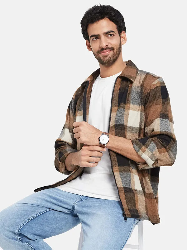 Mettle Men Brown Checked Casual Shirt