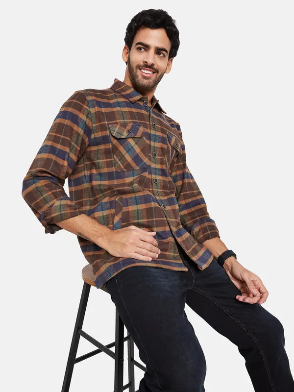 Mettle Men Brown Checked Casual Shirt