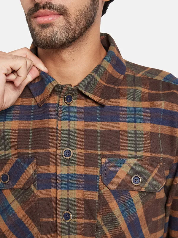 Mettle Men Brown Checked Casual Shirt