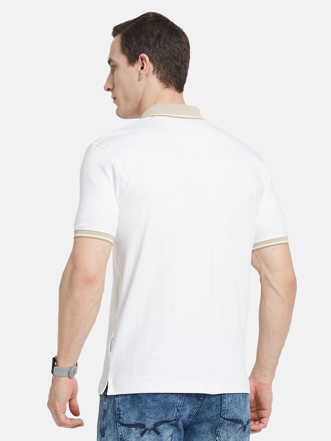 VERTICAL STRIPE HALF-ZIP POLO NECK DROP NEEDLE INTERLOCK T-SHIRT
