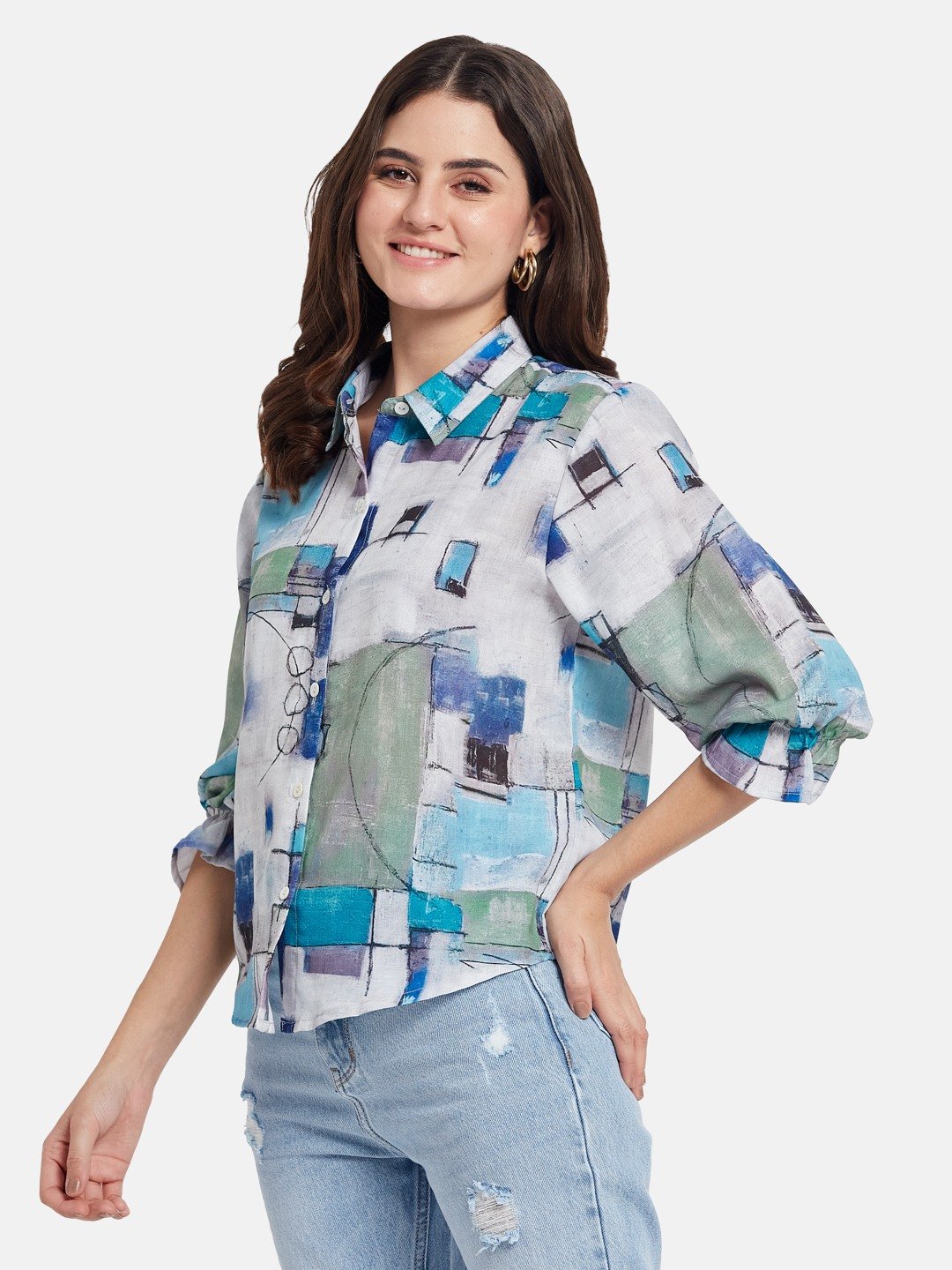 METTLE SS25 Geometric Printed Spread Collar Cotton Casual Shirt