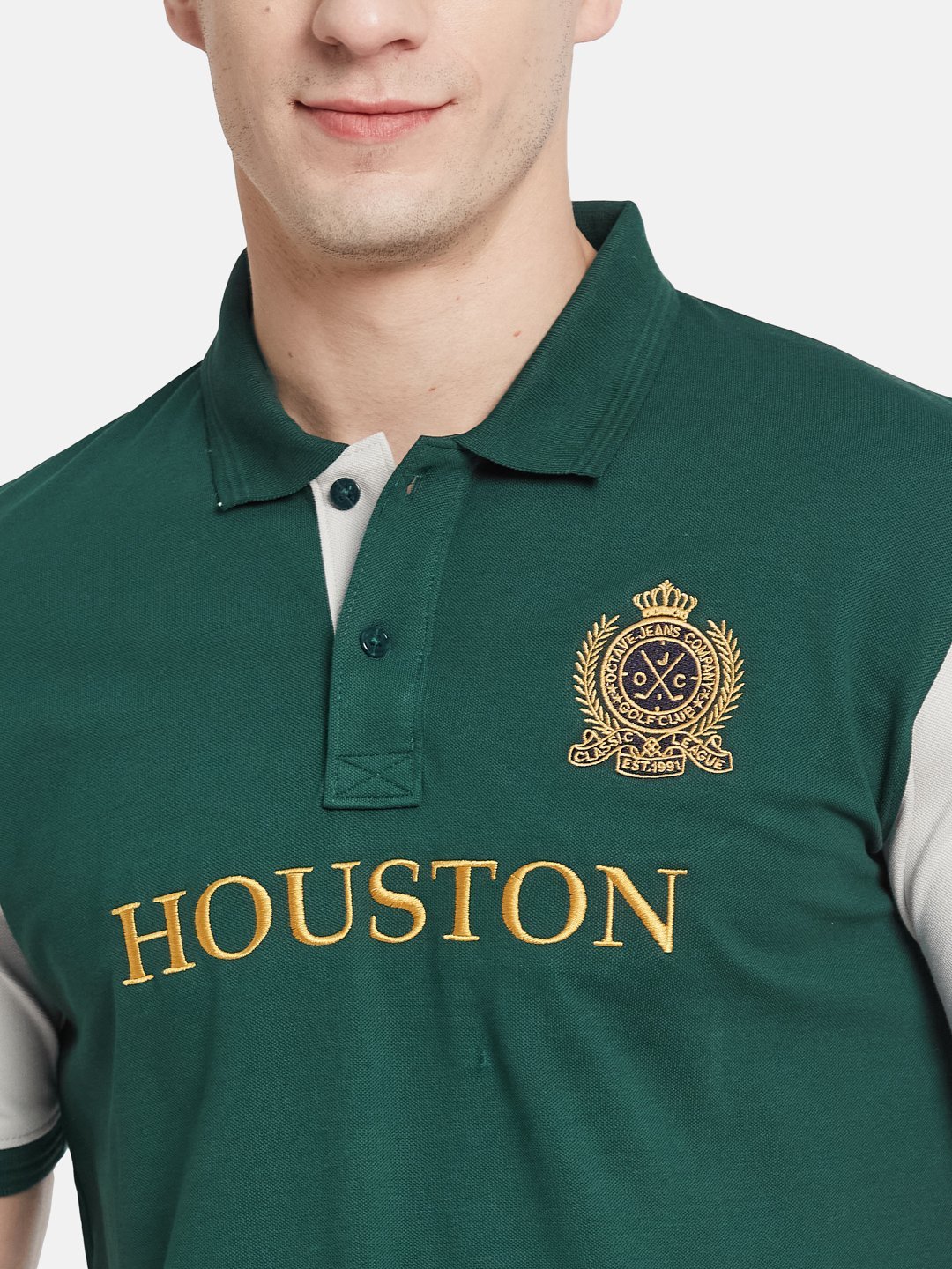 CHEST PRINT POLO NECK EMBROIDED APPLIQUE PIQUE LYCRA T-SHIRT