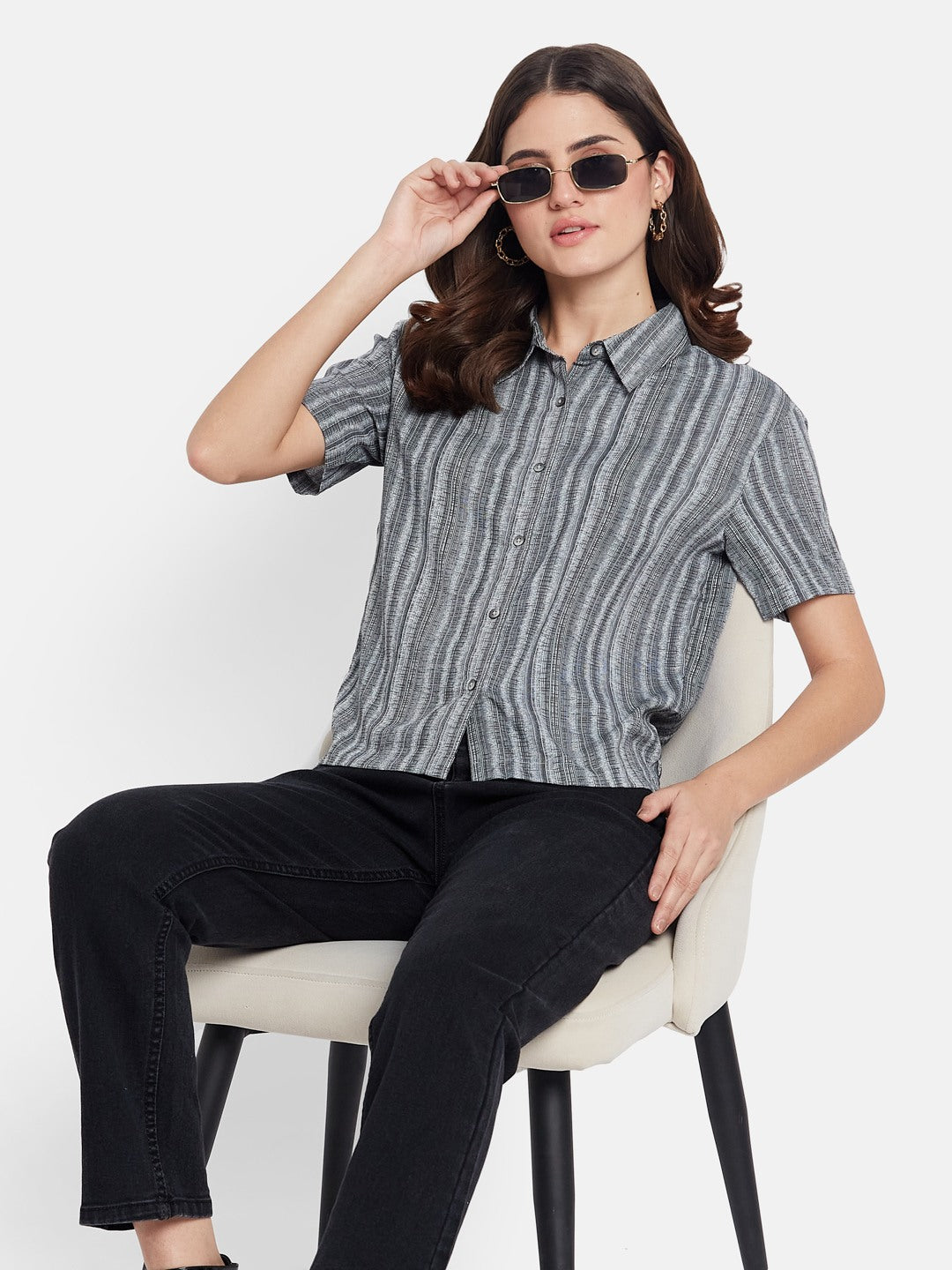 METTLE Women Textured Spread Collar Cotton Casual Shirt
