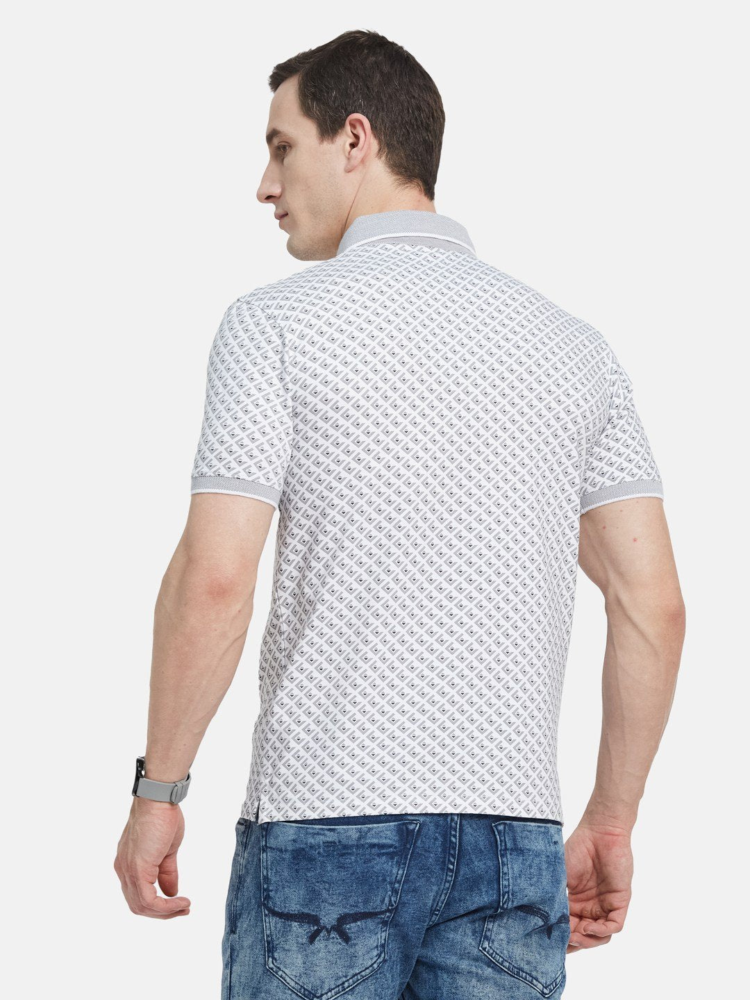 AOP MOTIF PRINT  POLO NECK SINGLE JERSEY KNIT LYCRA T-SHIRT