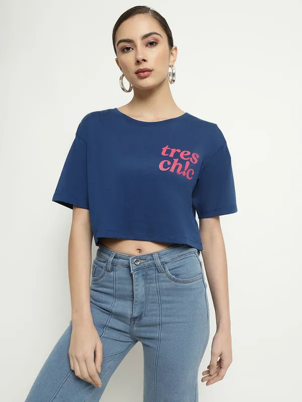 Mettle Typography Printed Round Neck Cotton Crop T-Shirt