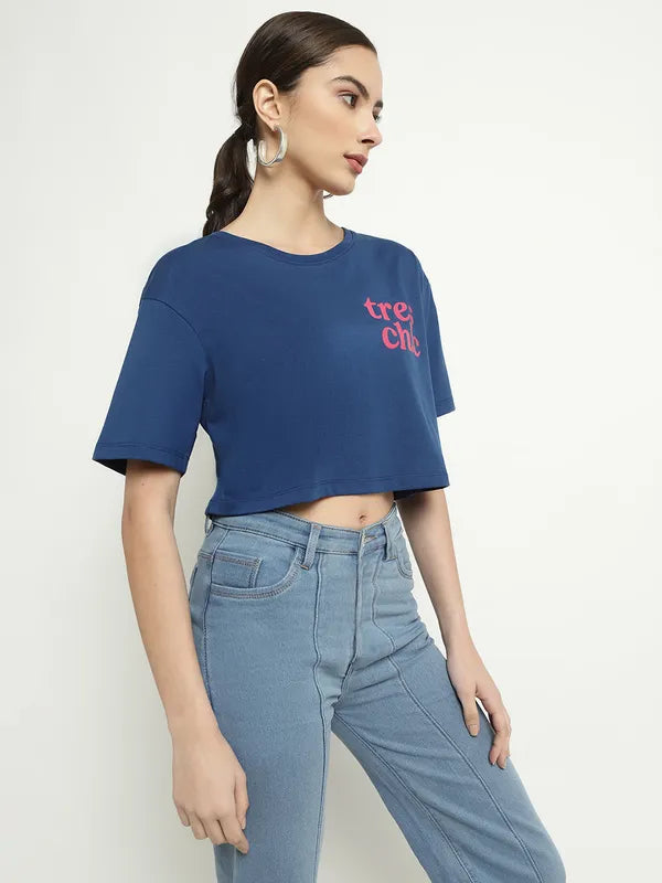 Mettle Typography Printed Round Neck Cotton Crop T-Shirt