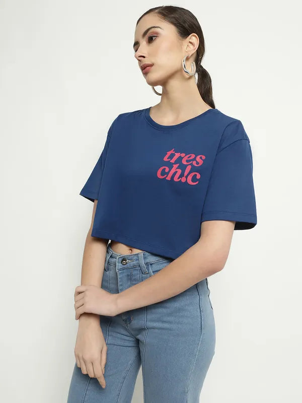 Mettle Typography Printed Round Neck Cotton Crop T-Shirt