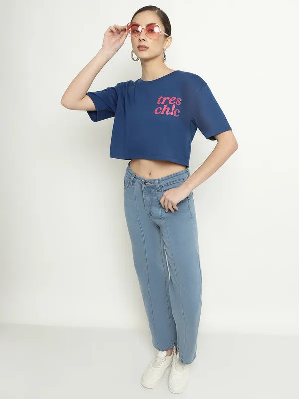 Mettle Typography Printed Round Neck Cotton Crop T-Shirt