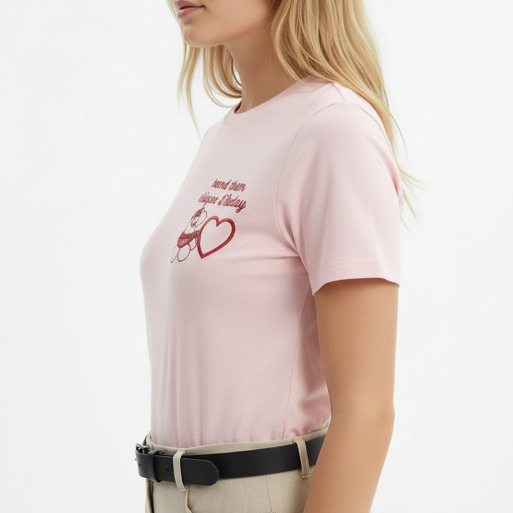 Women Heavenly Pink Printed Round Neck T-Shirt