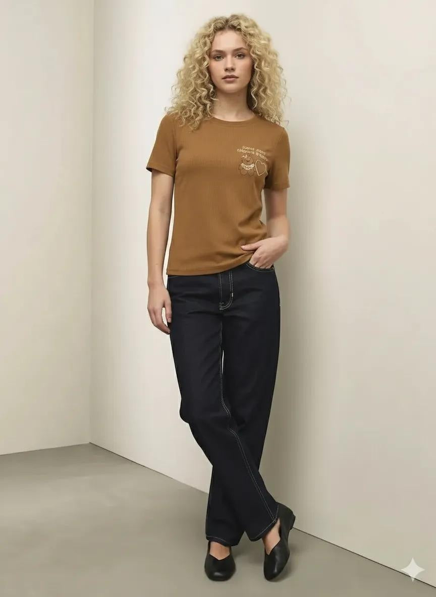 Women Mocha Typography Round Neck T-shirt