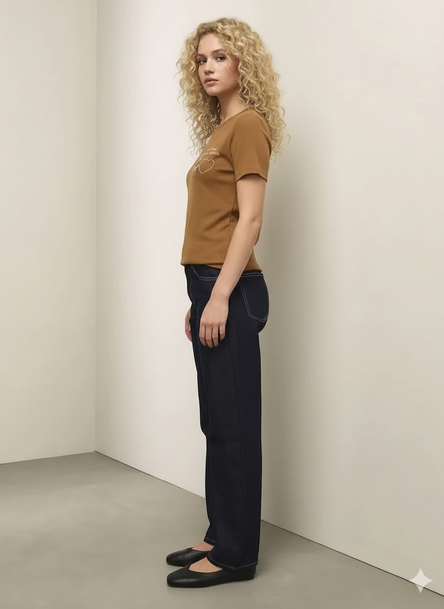 Women Mocha Typography Round Neck T-shirt