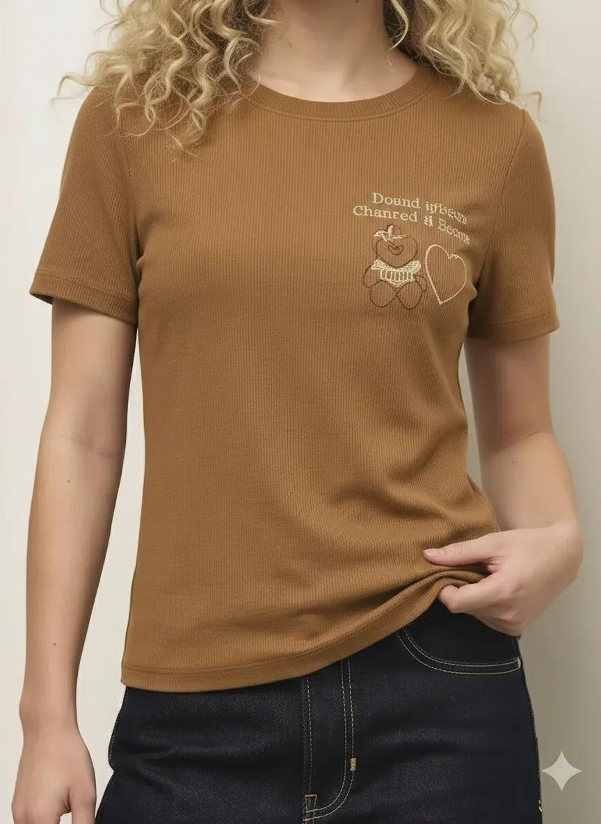 Women Mocha Typography Round Neck T-shirt