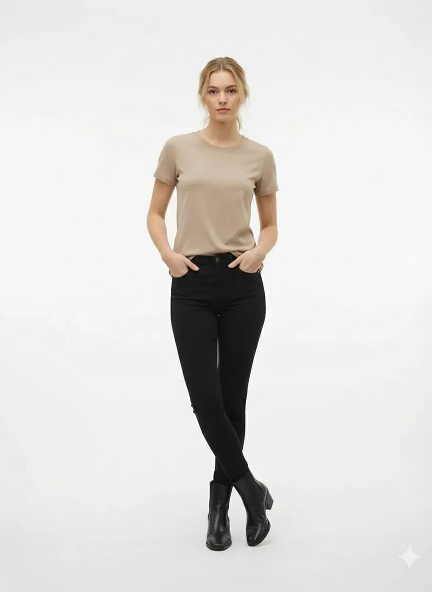 Women Sand Solid Round Neck T-Shirt