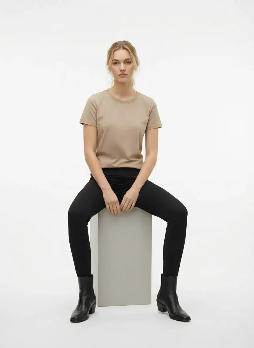 Women Sand Solid Round Neck T-Shirt