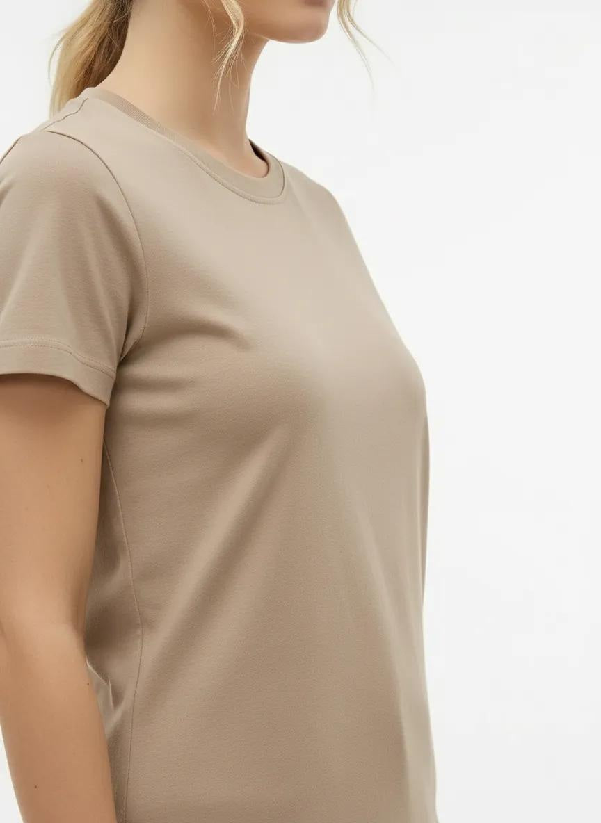 Women Sand Solid Round Neck T-Shirt