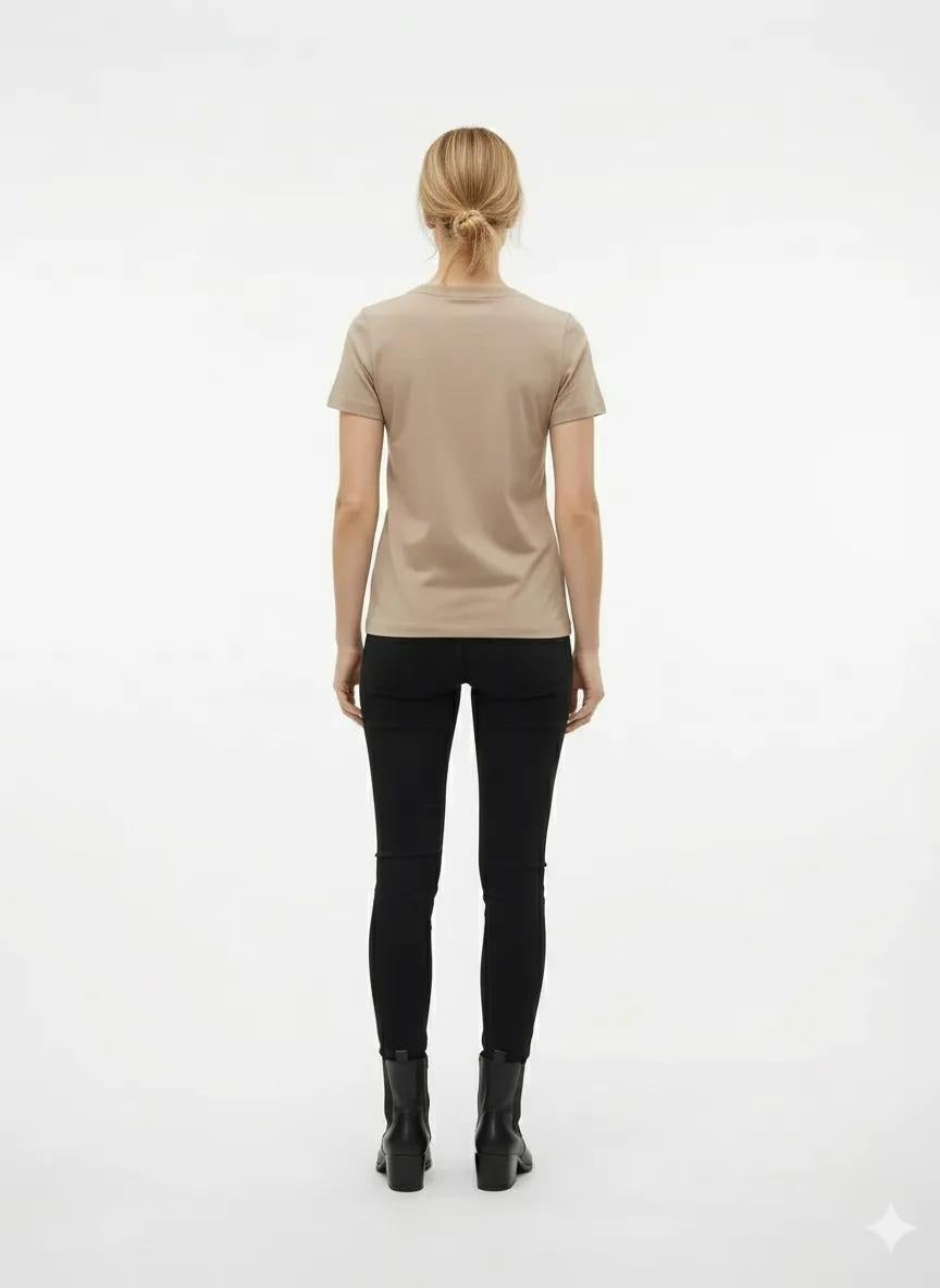 Women Sand Solid Round Neck T-Shirt