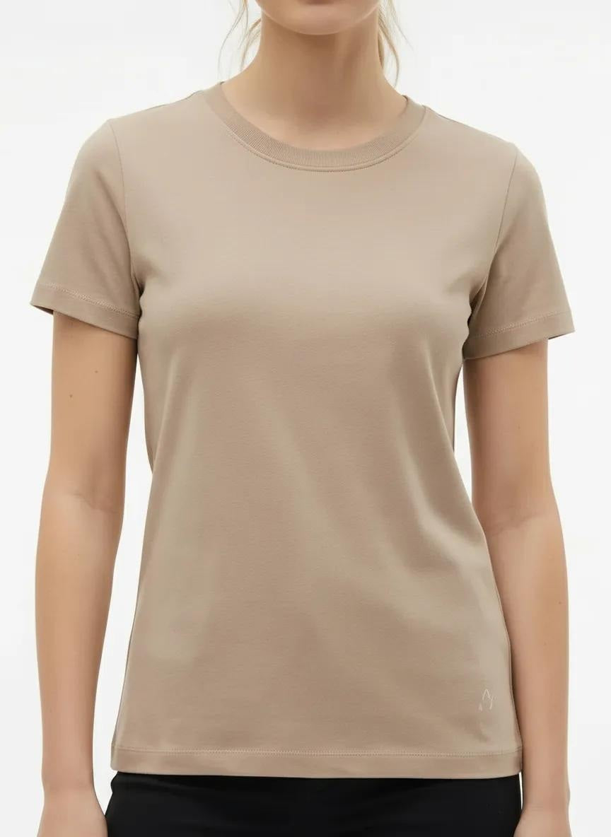 Women Sand Solid Round Neck T-Shirt
