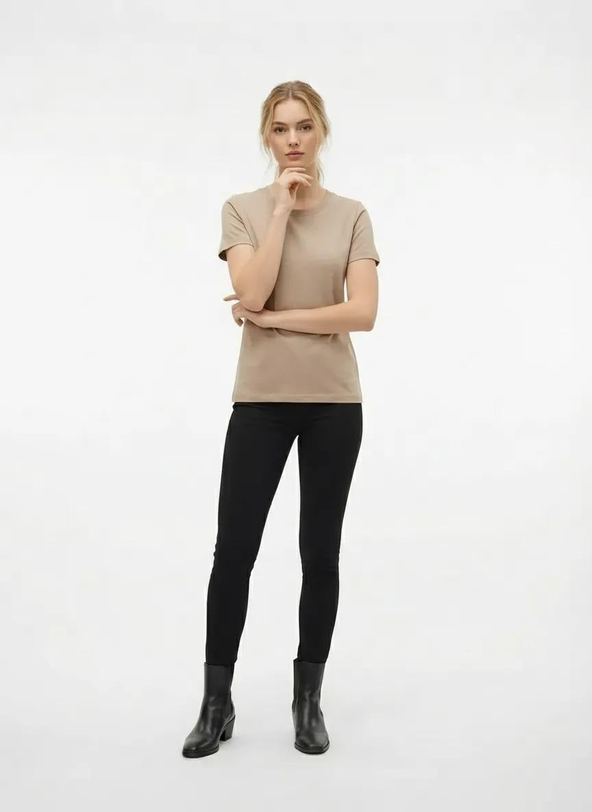 Women Sand Solid Round Neck T-Shirt