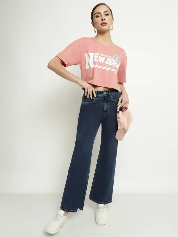 Mettle Typography Printed Round Neck Cotton Crop T-Shirt