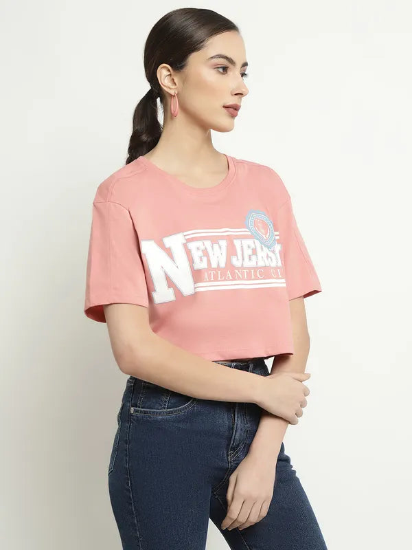 Mettle Typography Printed Round Neck Cotton Crop T-Shirt