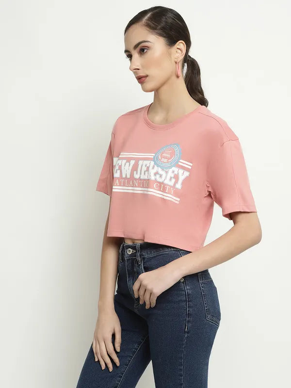 Mettle Typography Printed Round Neck Cotton Crop T-Shirt