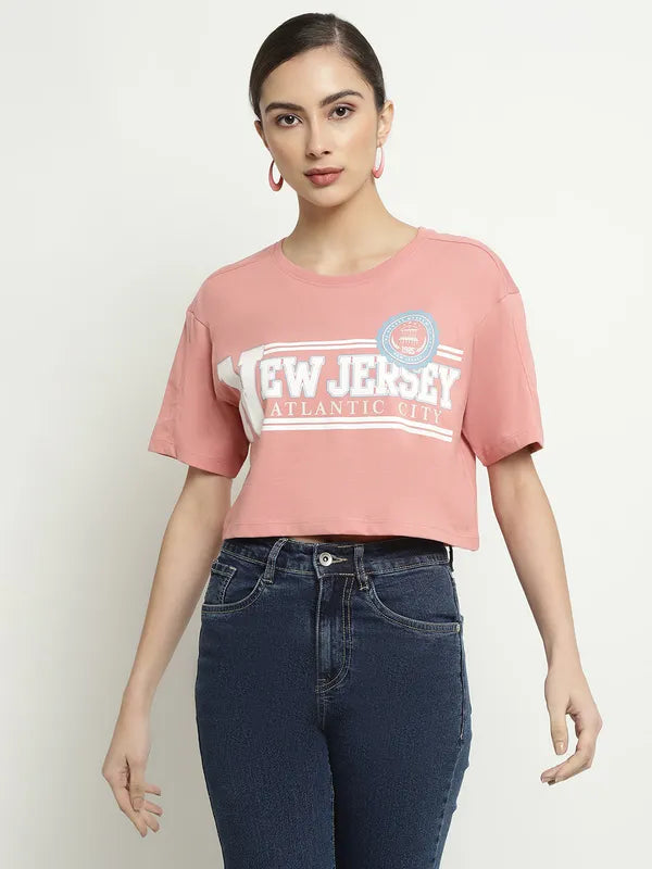 Mettle Typography Printed Round Neck Cotton Crop T-Shirt