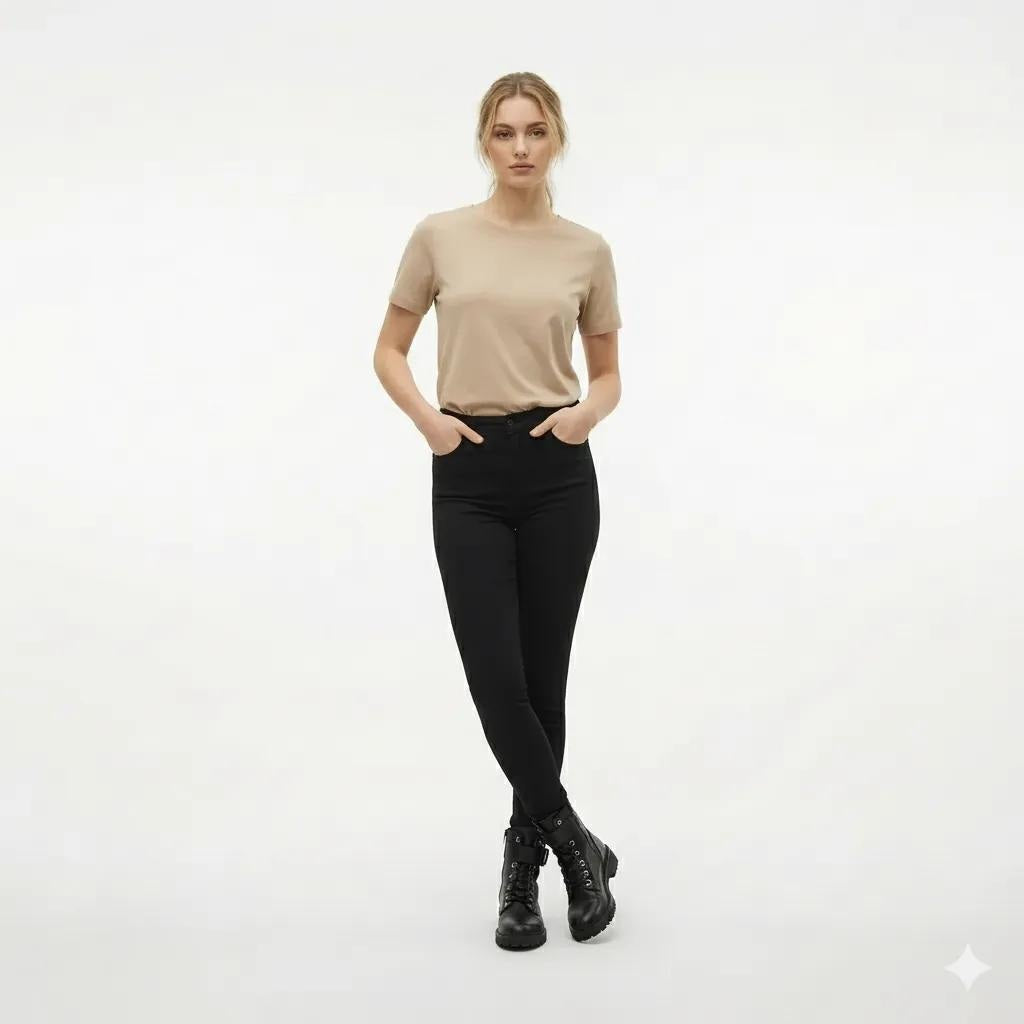 Women Beige  Solid Round Neck T-Shirt