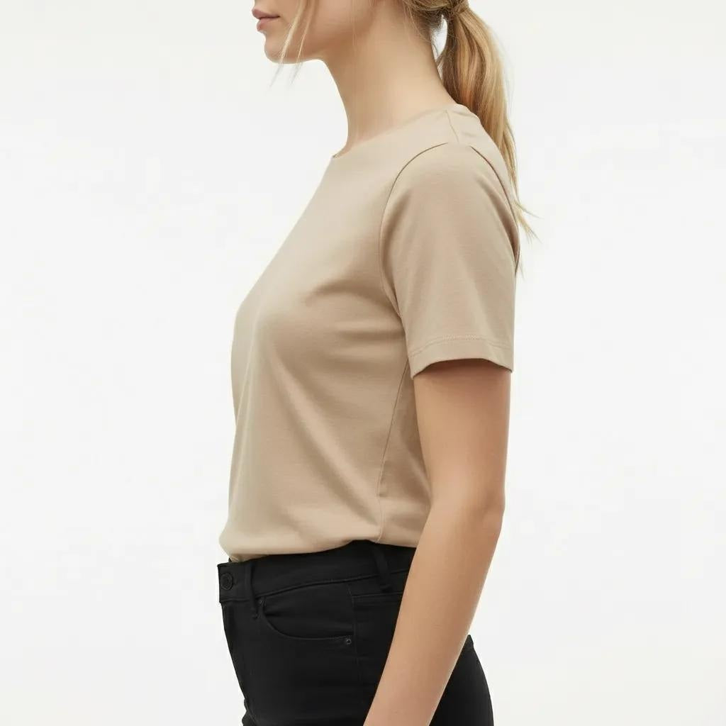 Women Beige  Solid Round Neck T-Shirt