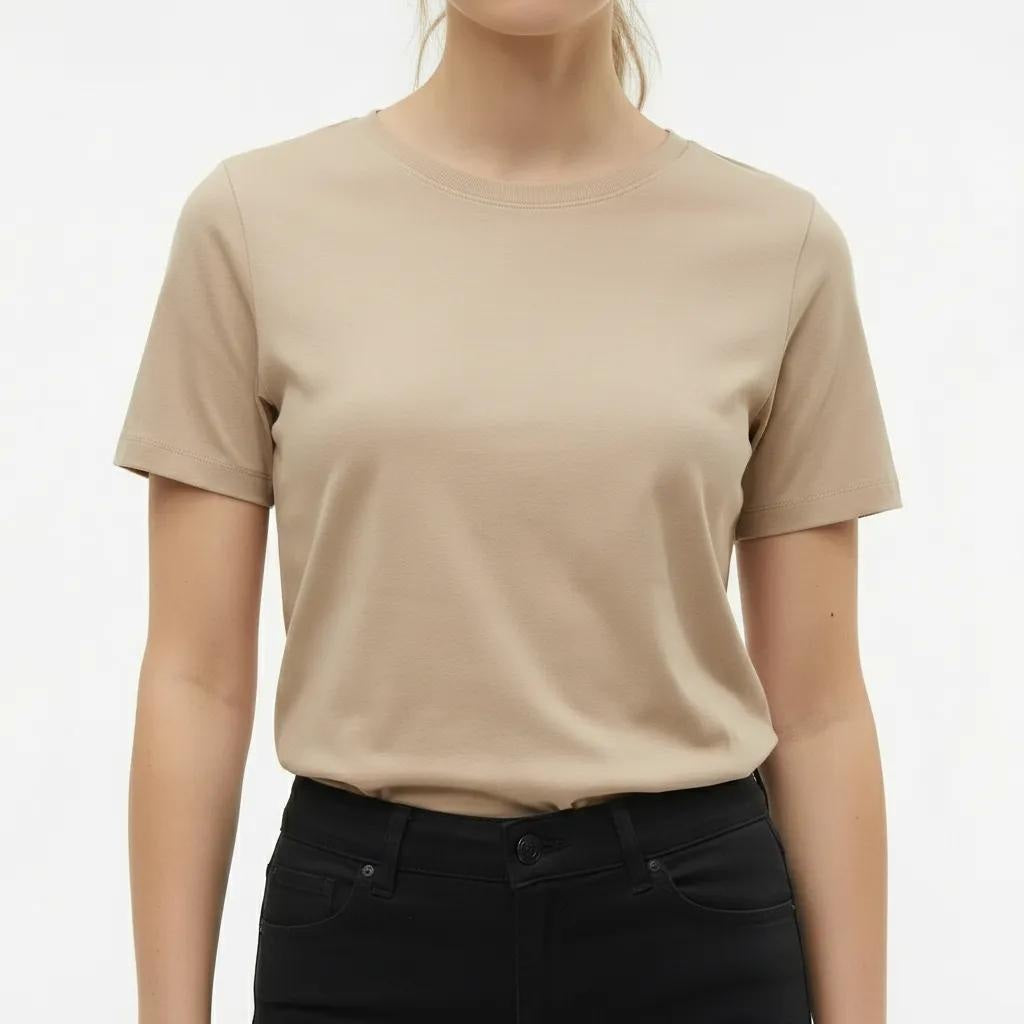 Women Beige  Solid Round Neck T-Shirt