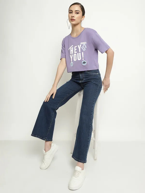 Mettle Typography Printed Round Neck Cotton Crop T-Shirt