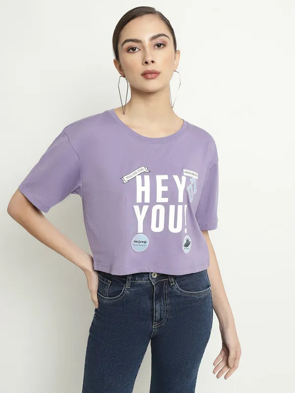 Mettle Typography Printed Round Neck Cotton Crop T-Shirt