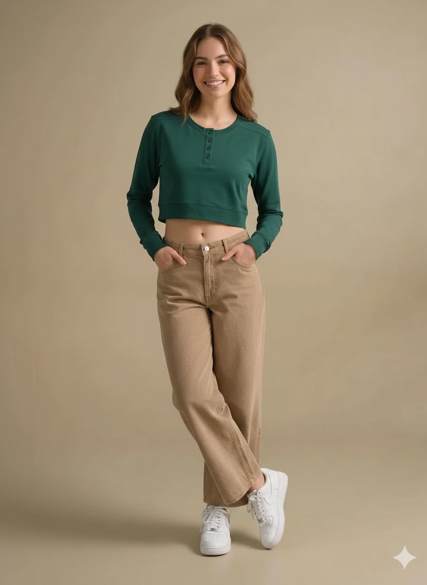 Women Bottle Green Henley Neck T-shirt