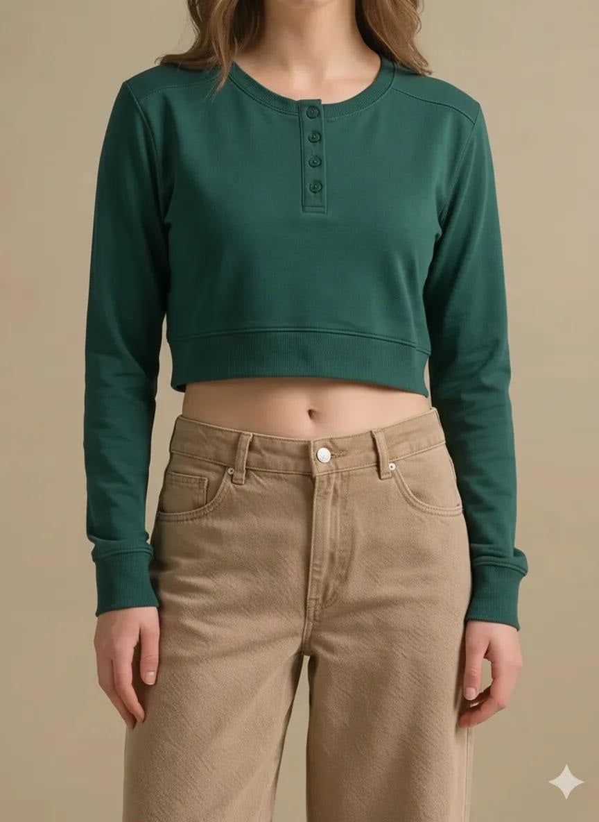 Women Bottle Green Henley Neck T-shirt