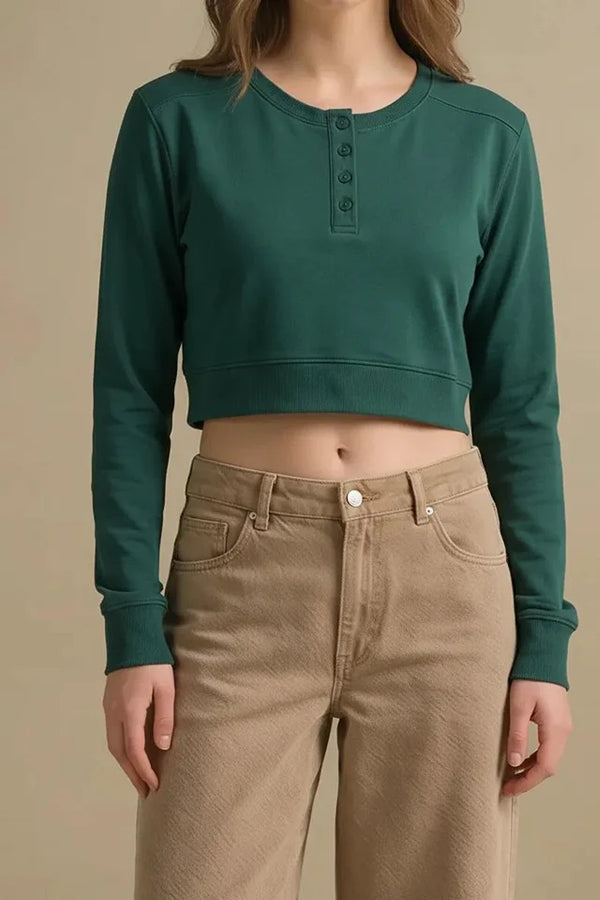 Women Bottle Green Henley Neck T-shirt