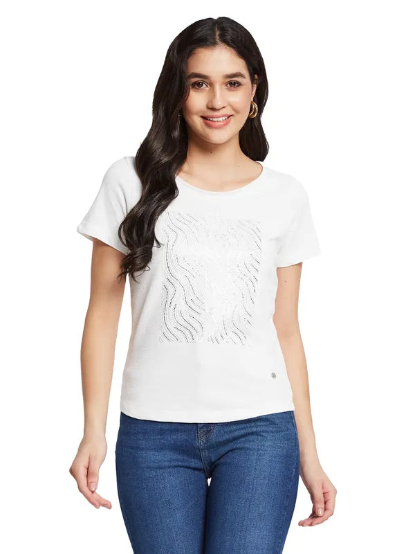 Mettle Women Round Neck Embellished T-Shirt