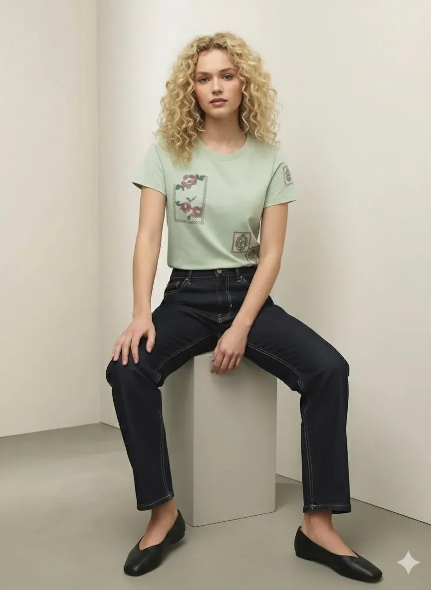 Women Mist Printed Round Neck T-Shirt