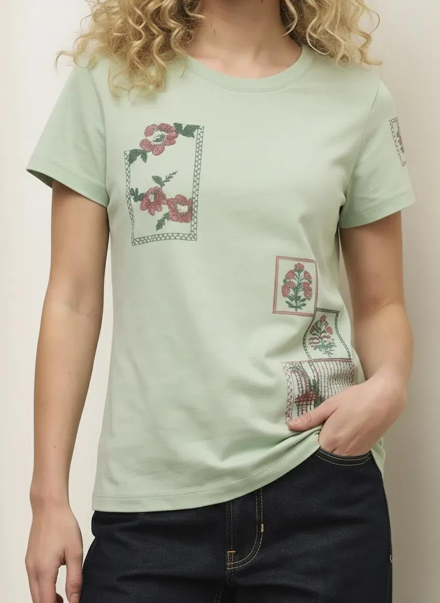 Women Mist Printed Round Neck T-Shirt