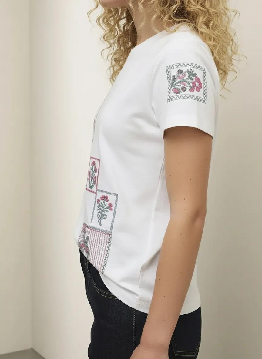 Women Off White Printed Round Neck T-Shirt