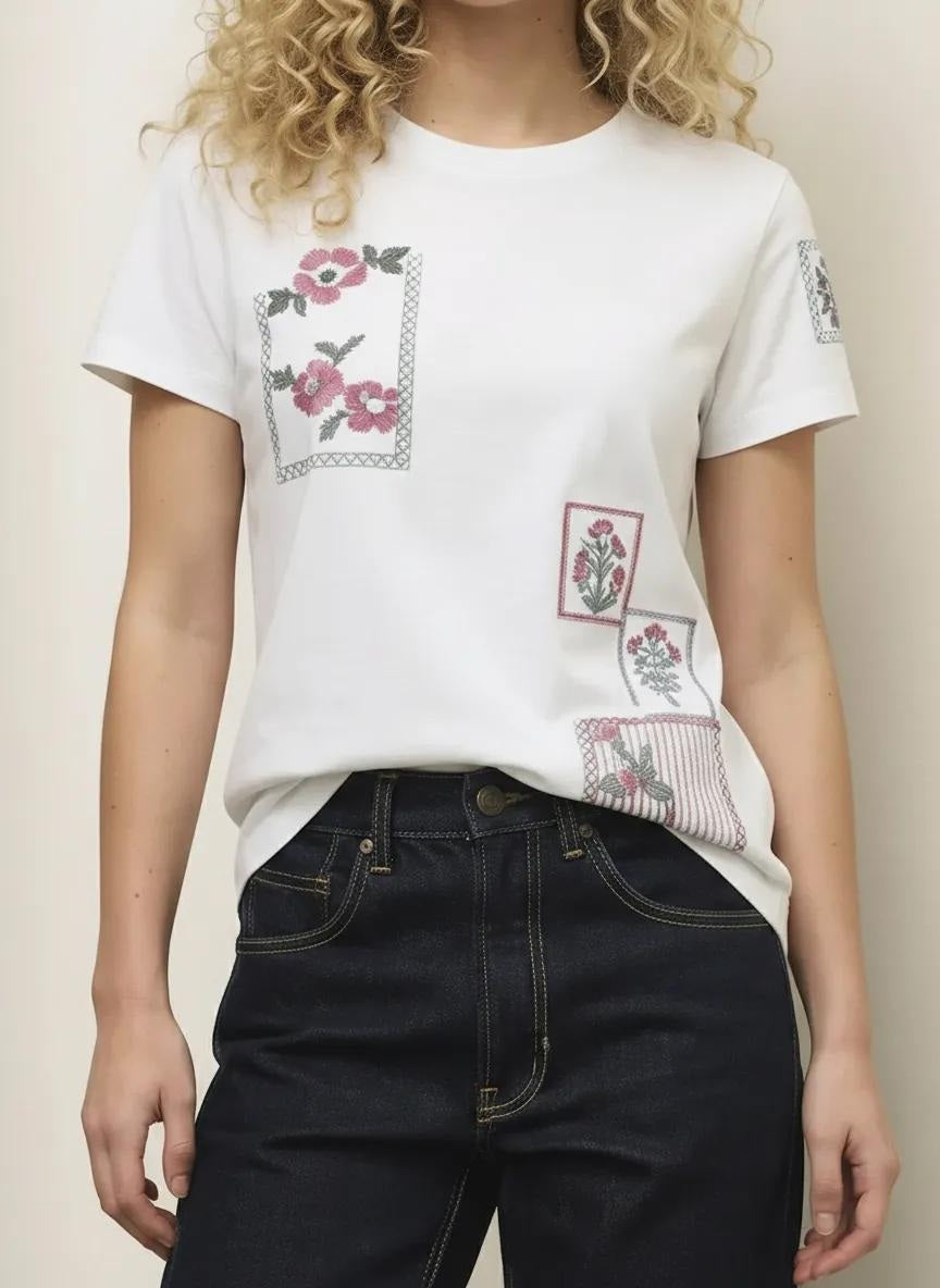 Women Off White Printed Round Neck T-Shirt