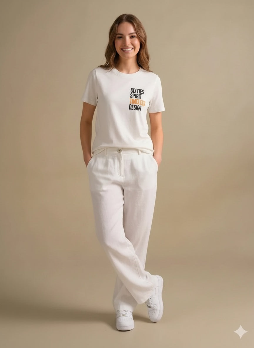 Women Off White Printed Round Neck T-Shirt