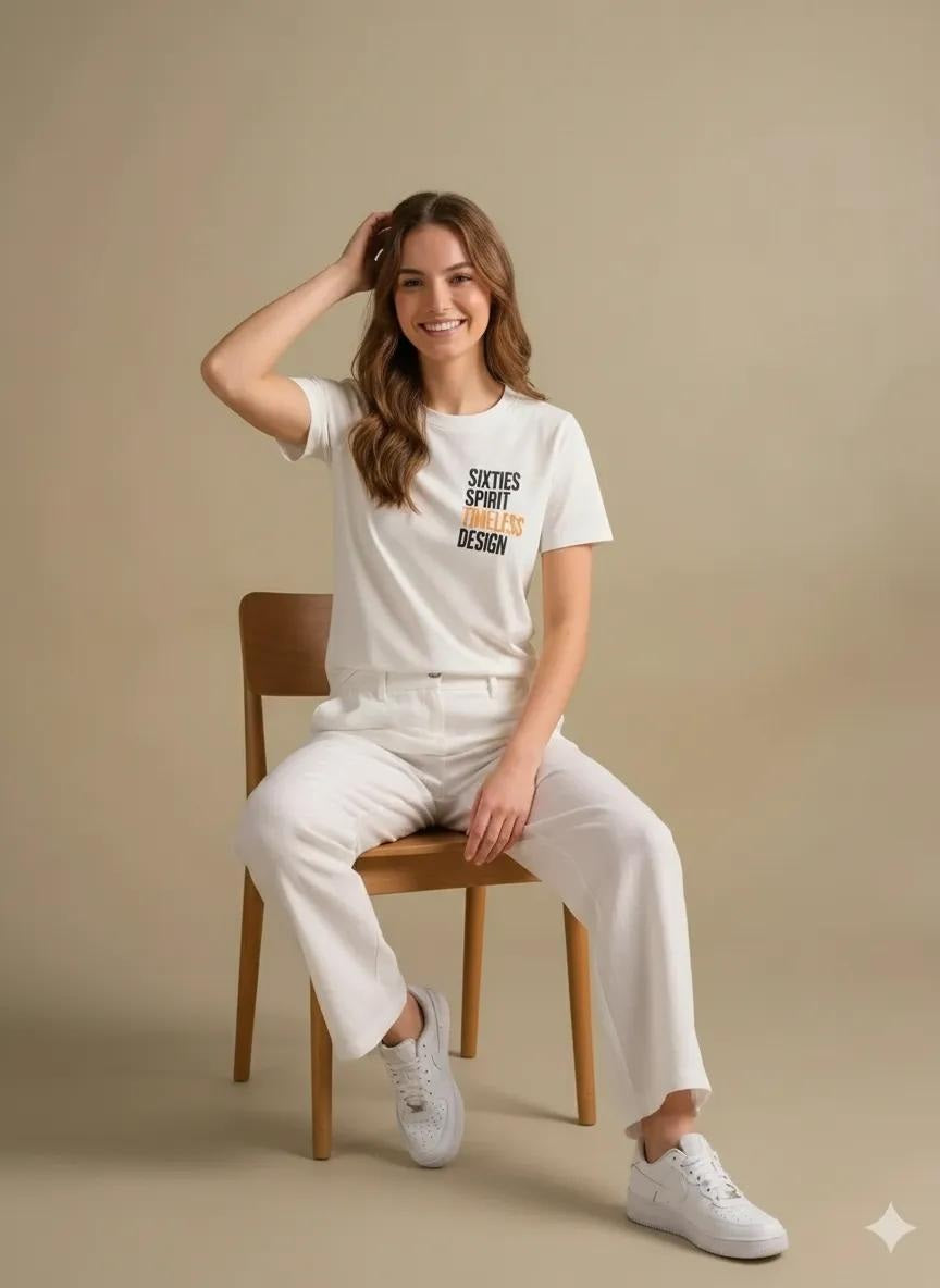 Women Off White Printed Round Neck T-Shirt