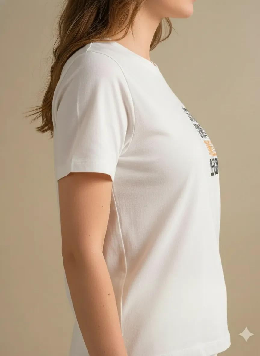 Women Off White Printed Round Neck T-Shirt