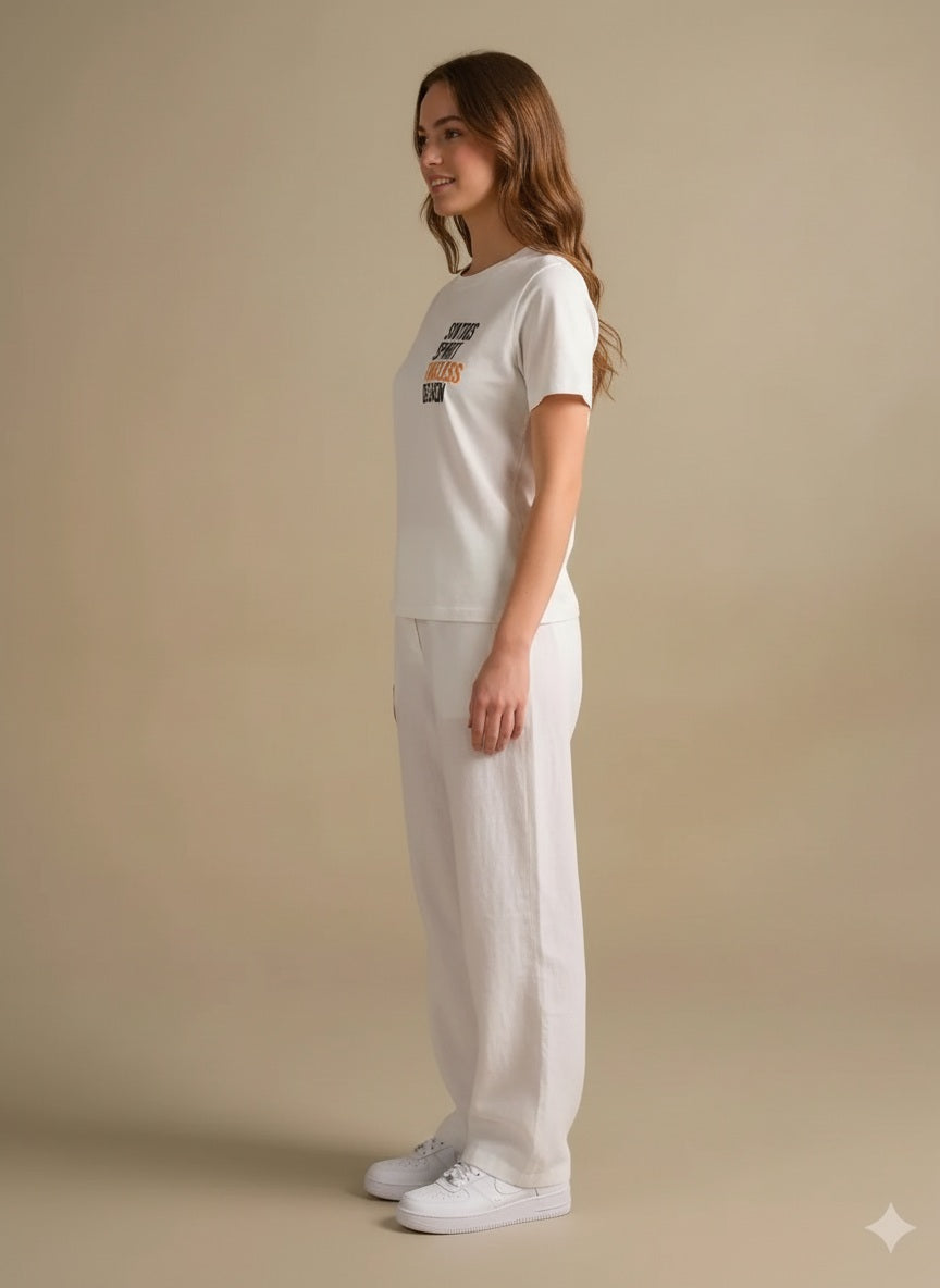 Women Off White Printed Round Neck T-Shirt