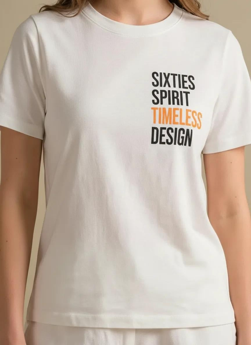 Women Off White Printed Round Neck T-Shirt