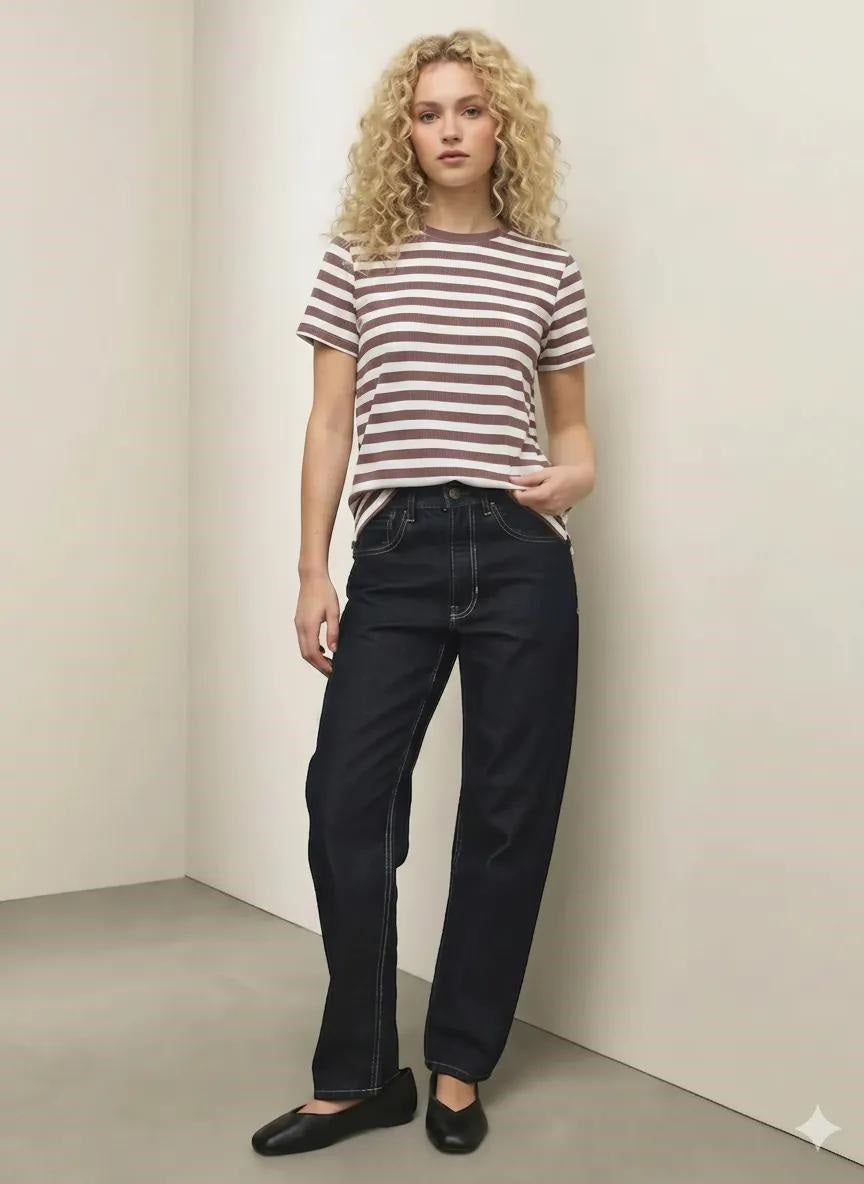 Women Suede Pink Striped T-shirt