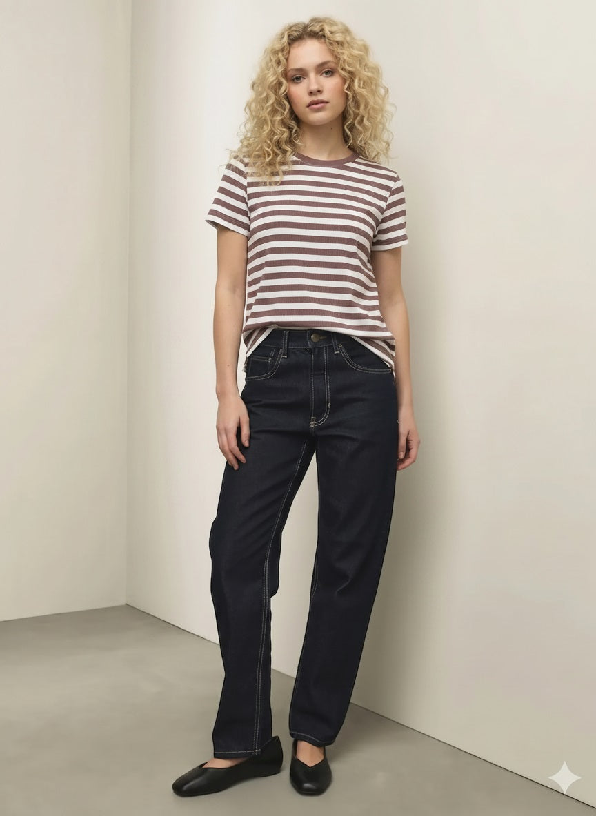 Women Suede Pink Striped T-shirt
