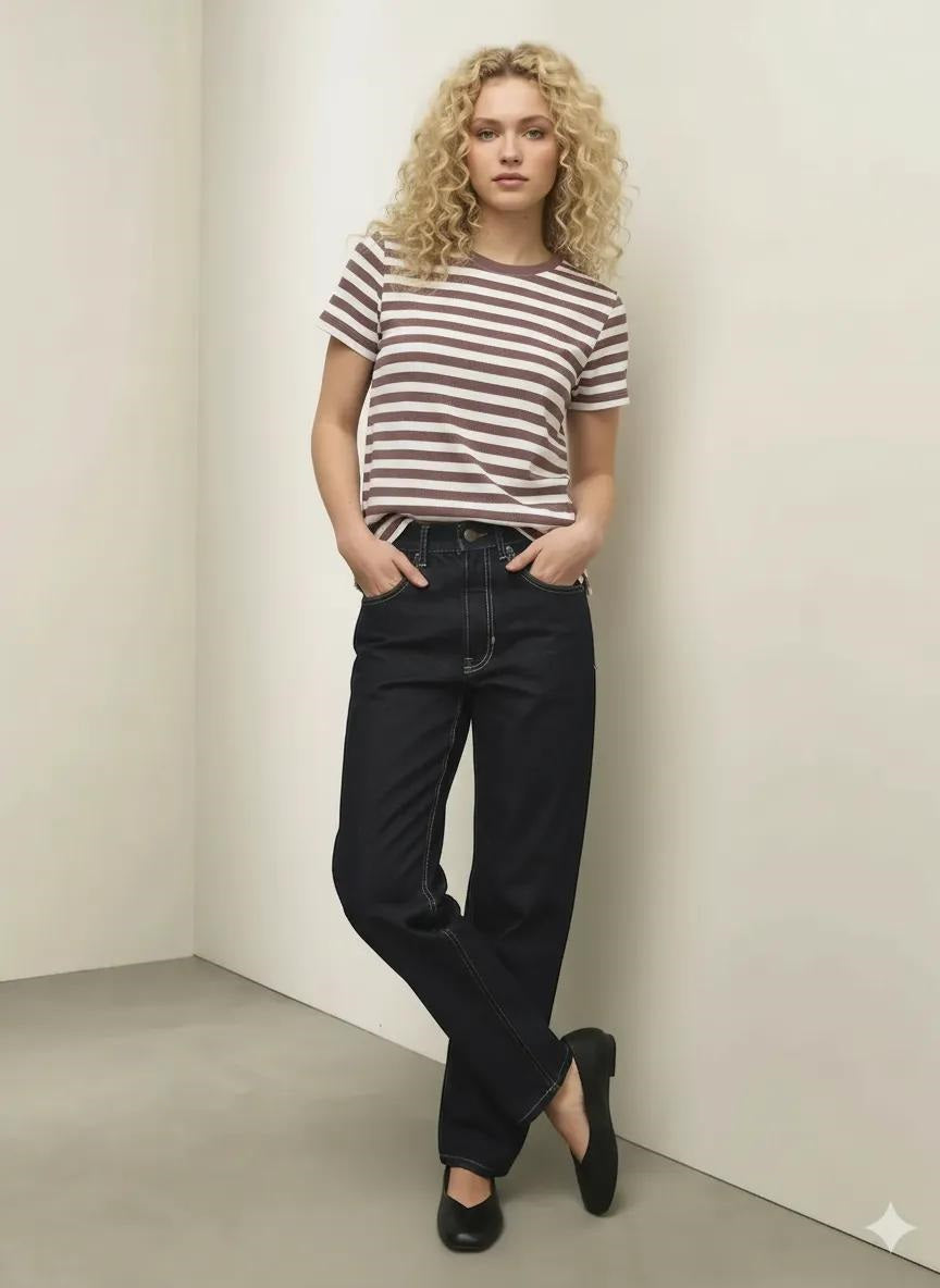 Women Suede Pink Striped T-shirt