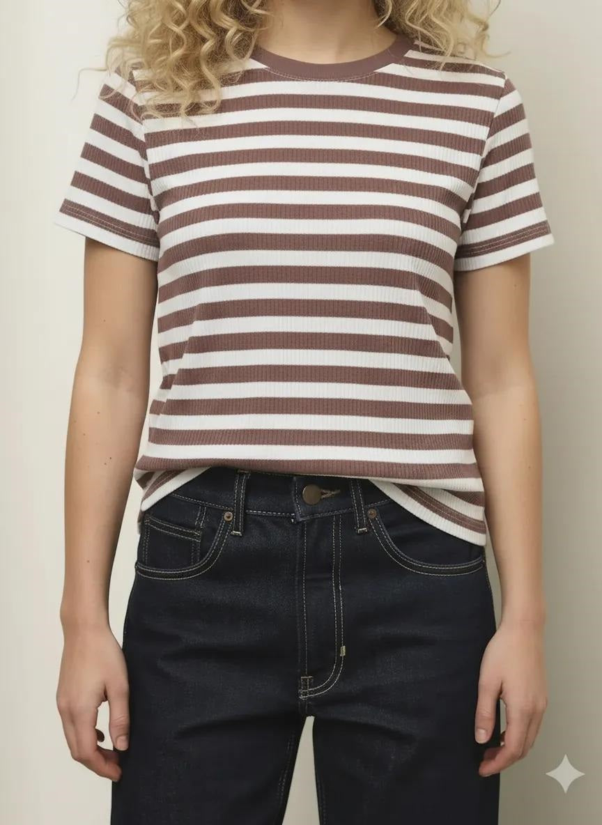Women Suede Pink Striped T-shirt